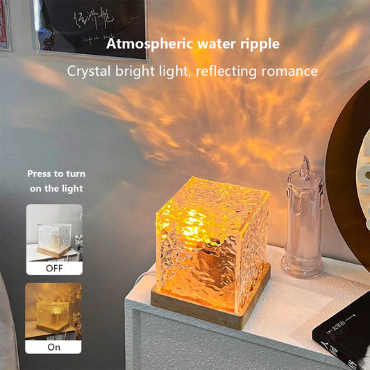 Dynamic Rotating Water Ripple Night Light | 3-Color Flame Crystal Lamp for Living Room Décor