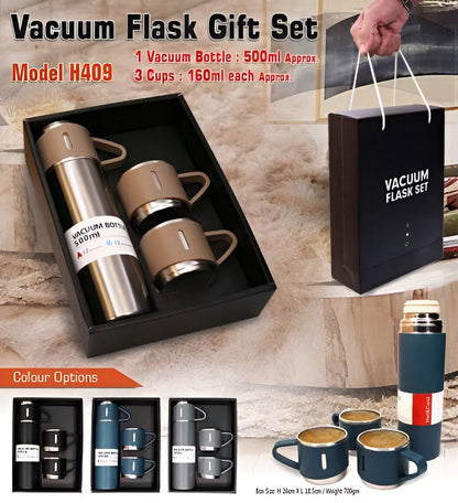 Stainless Steel Vacuum Flask Set – 500ml With 3 Cups